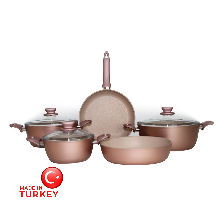 Granite Cookware Pot and Pan Set 8pcs, Rose Gold