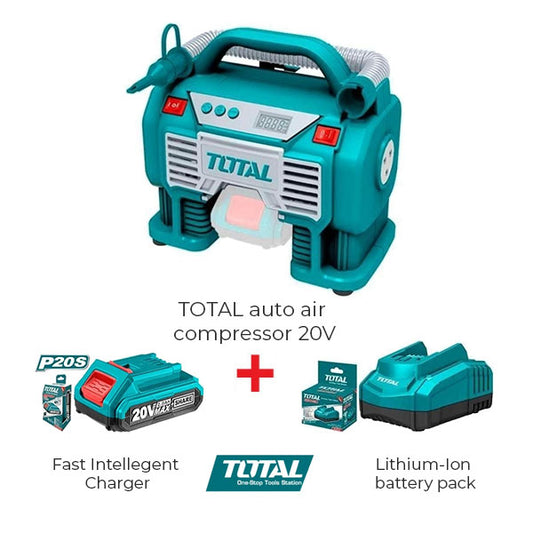 TOTAL auto air compressor 20V with Lithium-Ion battery pack and Fast Intellegent Charger