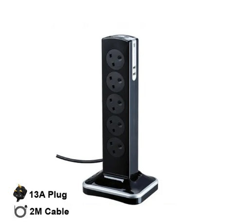 10socket Tower extension with Tel & USB, 2 Meter - Polished Black