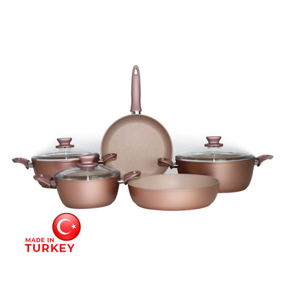 Granite Cookware Pot and Pan Set 8pcs, Rose Gold