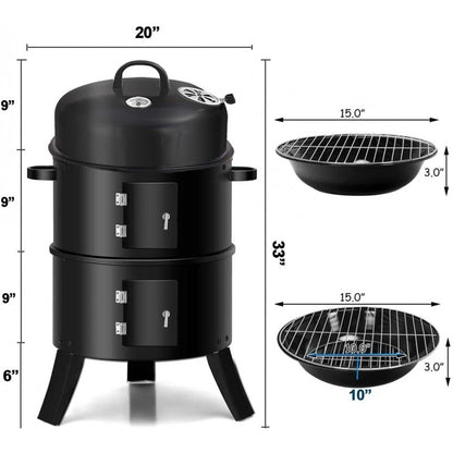 3 in 1 Portable Round Barbecue Grill with Heat Indicator Thermometer