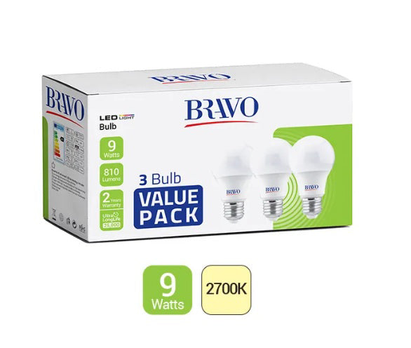 LED Bulb A60-E27 base-9W-Warm (Value pack of 3PCS)
