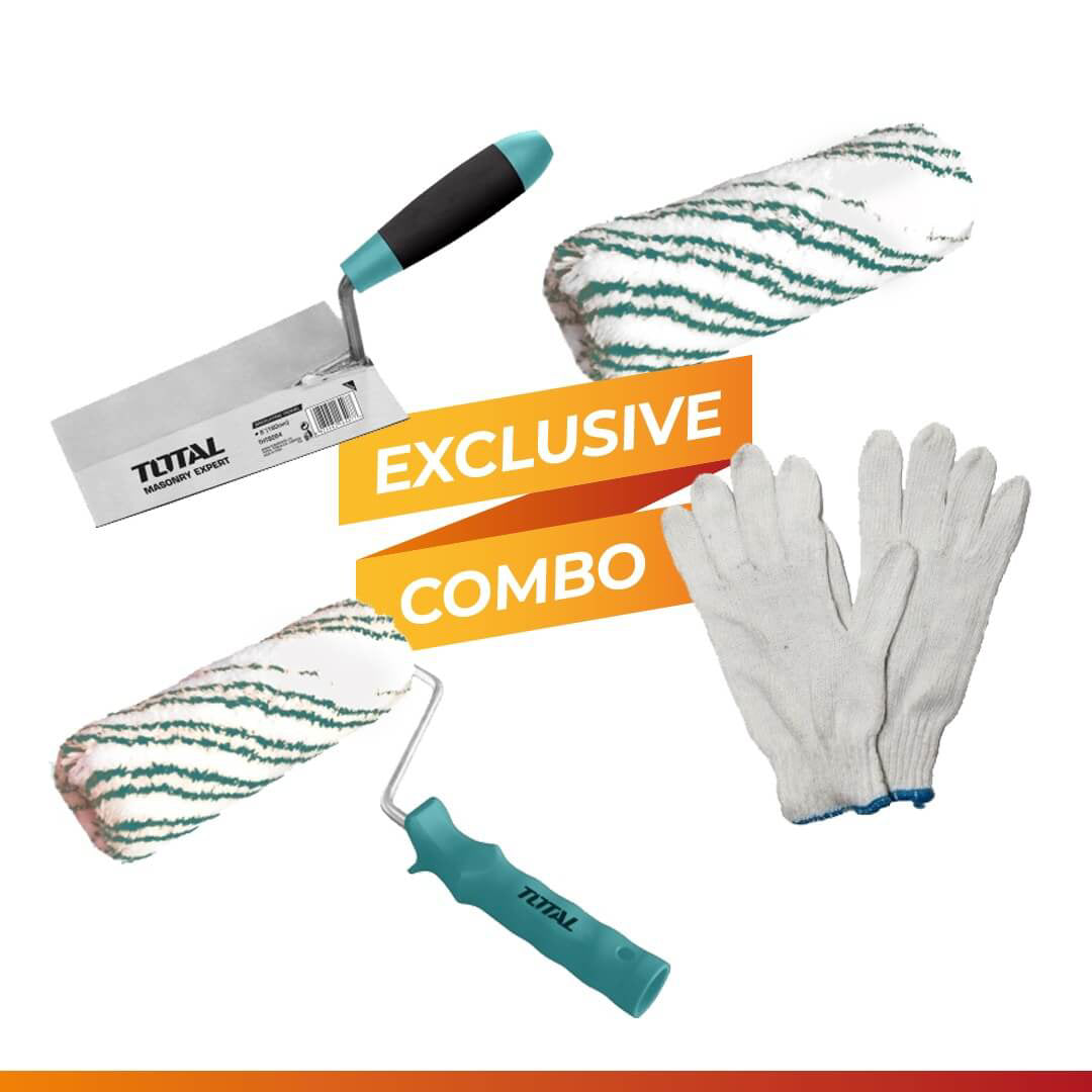 Paint Roller Brush, Gloves White (10 Pcs), Roller Cover and TOTAL Flat-end Bricklaying Trowel